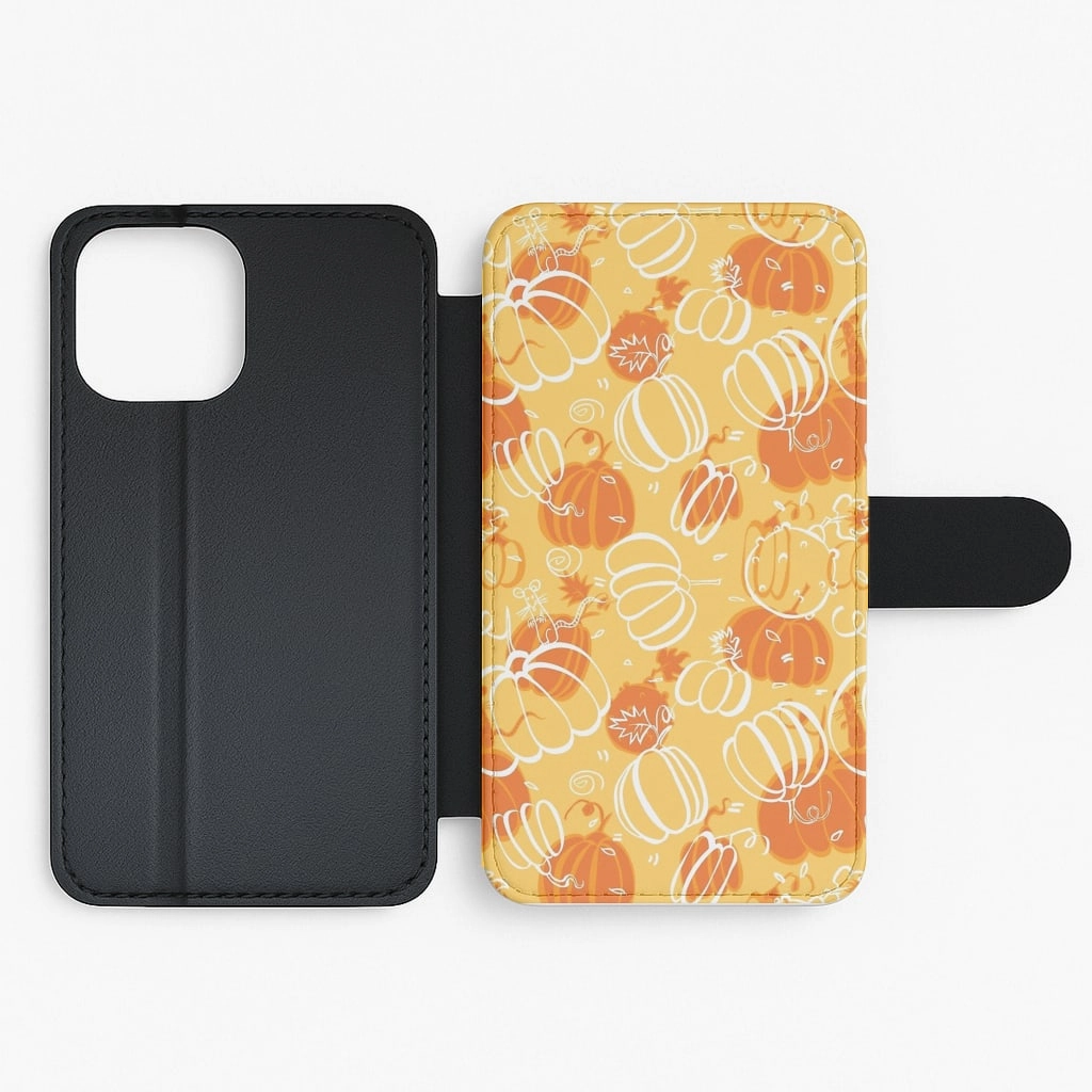 Textured Grip Drawn Pumpkin Pattern Flip / Wallet Phone Case