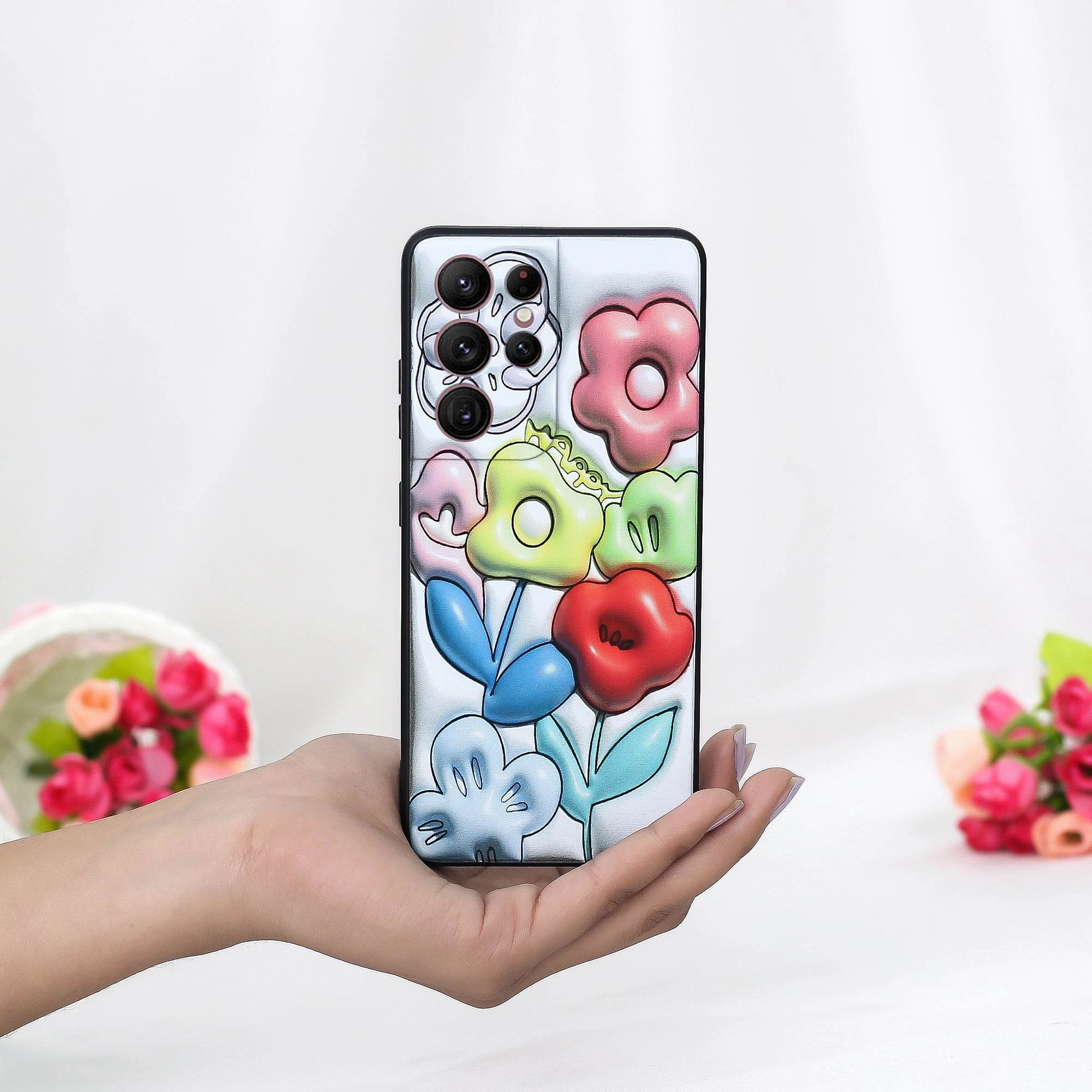3D Effect Simple Style 3D Printed Floral Sculpture Case - Samsung