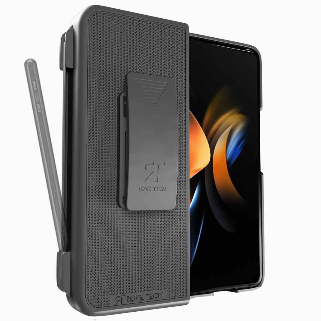 Transparent Shell Flexible Detail Design Samsung Galaxy Z Fold 4 Belt Clip Holster Phone Case (Pen Holder Edition)