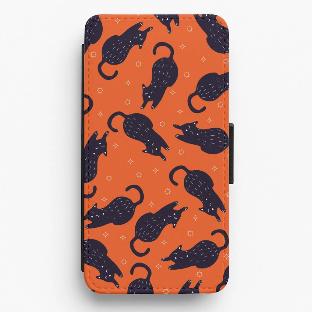 Sleek Surface Soft Material Black Cats And Stars Pattern Flip / Wallet Phone Case