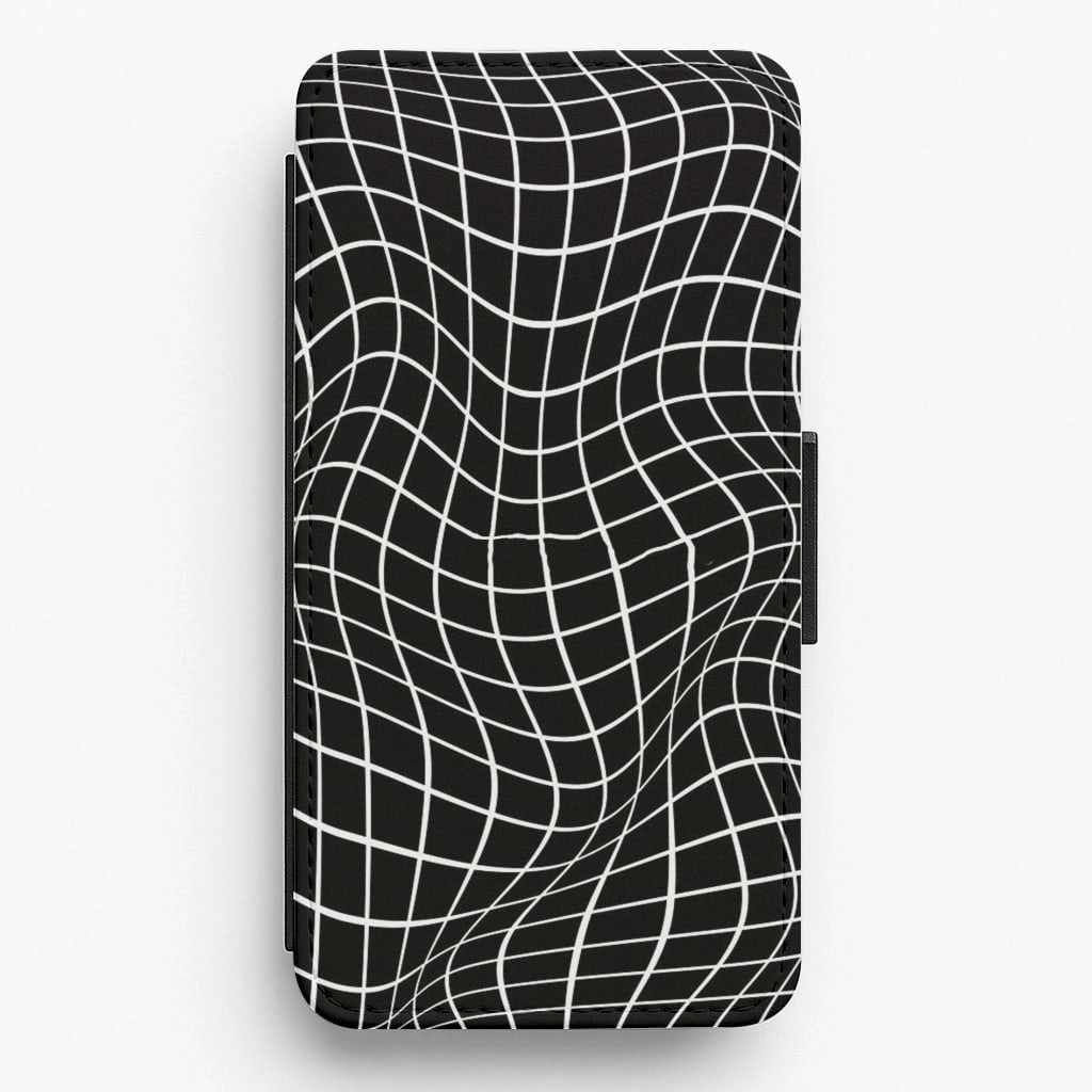 Black Wavy Grid Pattern Flip Wallet Phone Case Vivid Finish