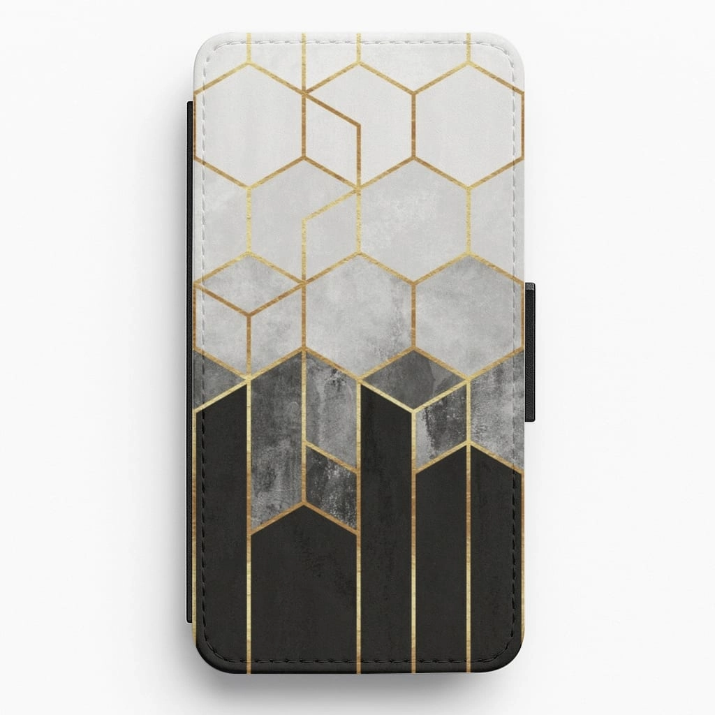 Black White & Gold Honeycomb Pattern Flip / Wallet Phone Case anti fingerprint