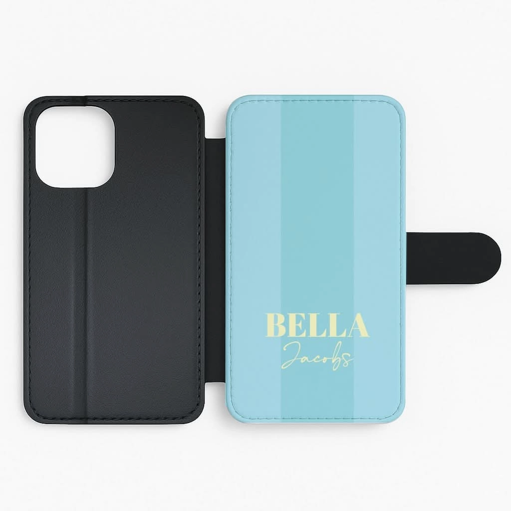 Blue Stripe Personalised Name Flip / Wallet Phone Case Lightweight Feel Premium Detail Finish