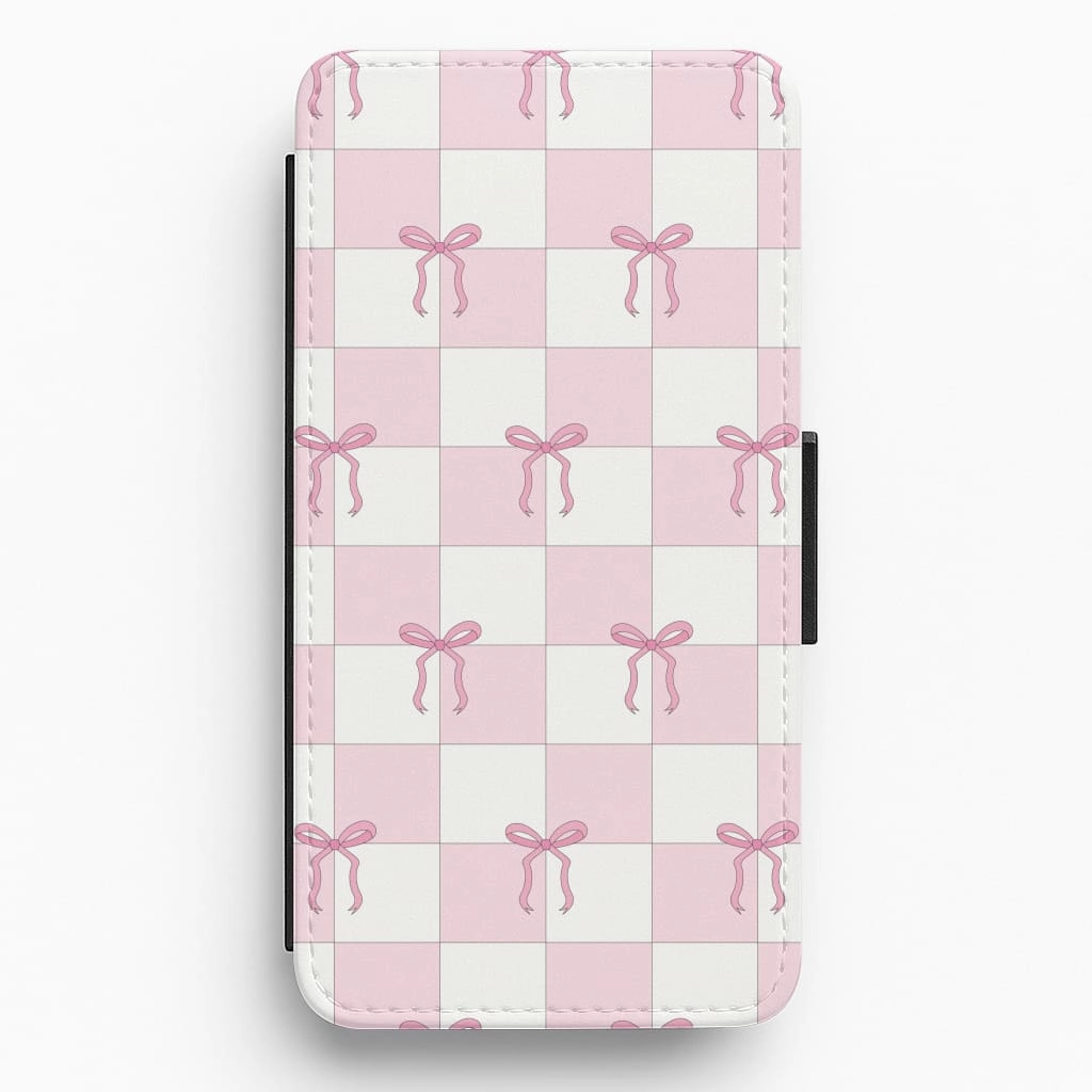 Durable Surface Everyday Accessory Checkered Pink Coquette Bows  Flip / Wallet Phone Case