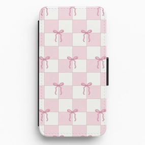 Durable Surface Everyday Accessory Checkered Pink Coquette Bows  Flip / Wallet Phone Case