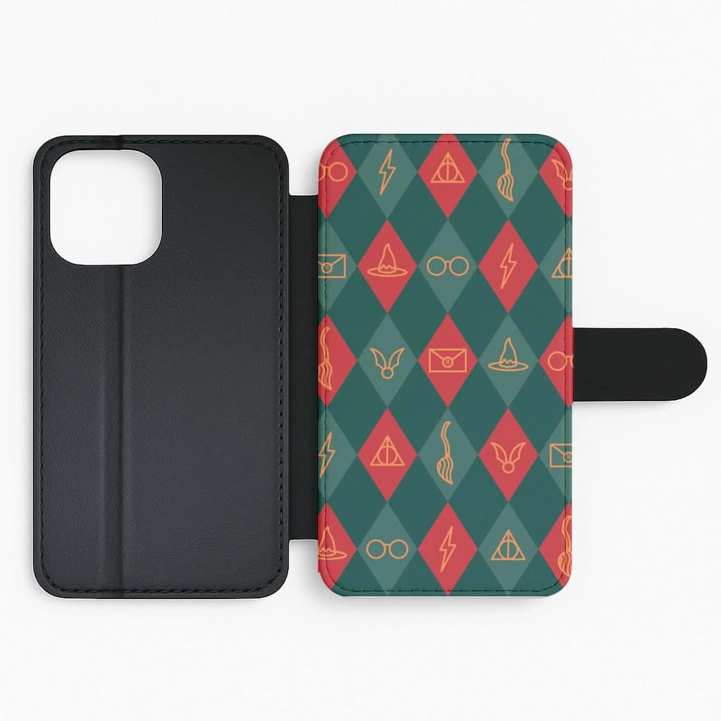 Christmas Wizard Icons Argyle Pattern Flip / Wallet Phone Case Hybrid Frame