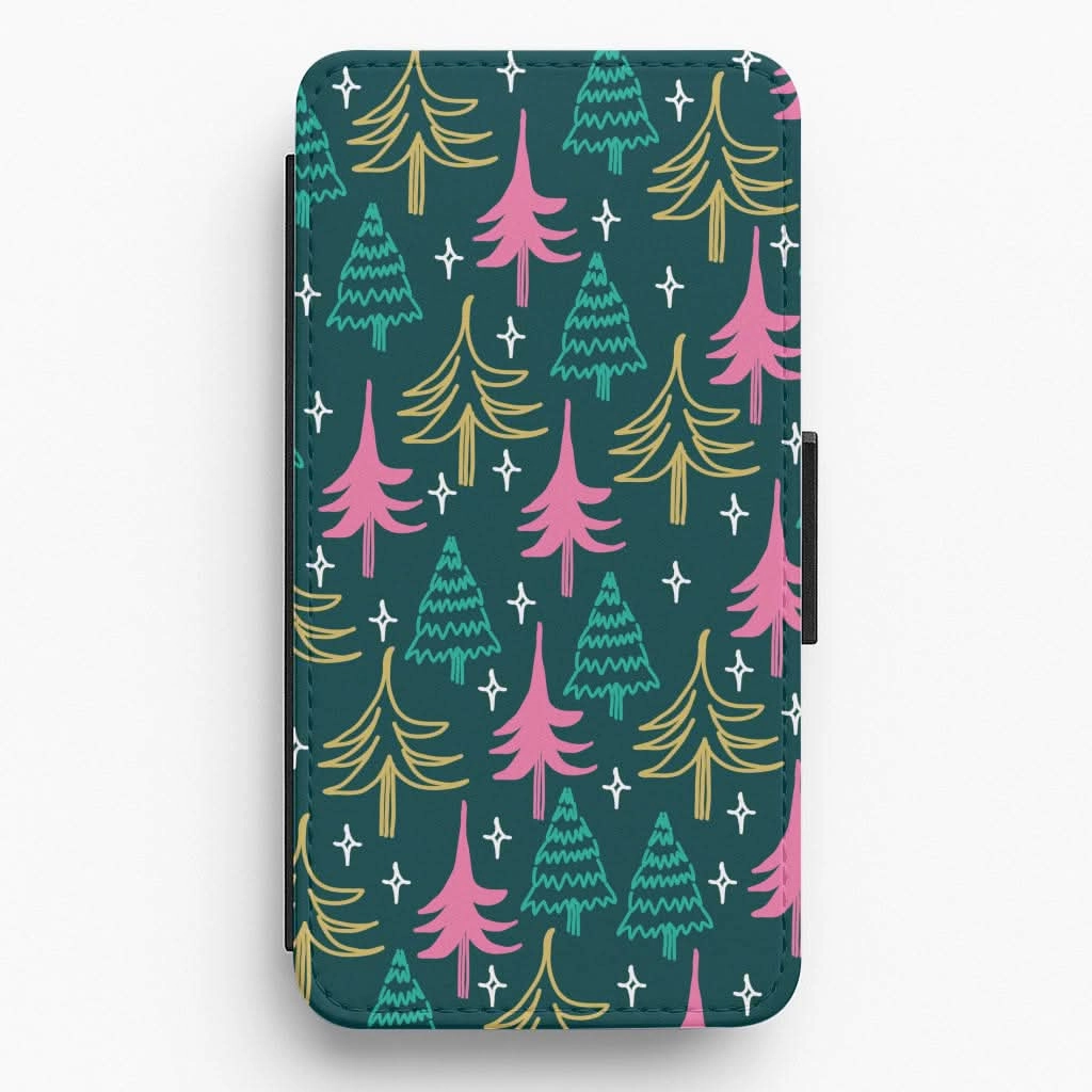 Clear Surface Colourful Sketched Christmas Trees Pattern Flip / Wallet Phone Case