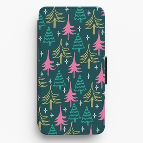 Clear Surface Colourful Sketched Christmas Trees Pattern Flip / Wallet Phone Case