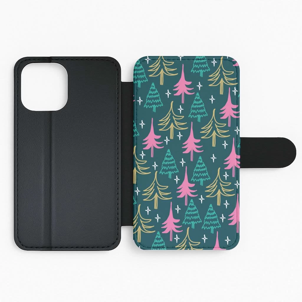 Colourful Sketched Christmas Trees Pattern Flip / Wallet Phone Case Polished Texture Finish Durable Accessory