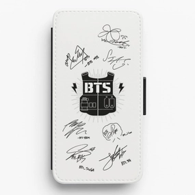 White K-Pop Band Army Logo and Signatures Flip Wallet Phone Case Everyday Function