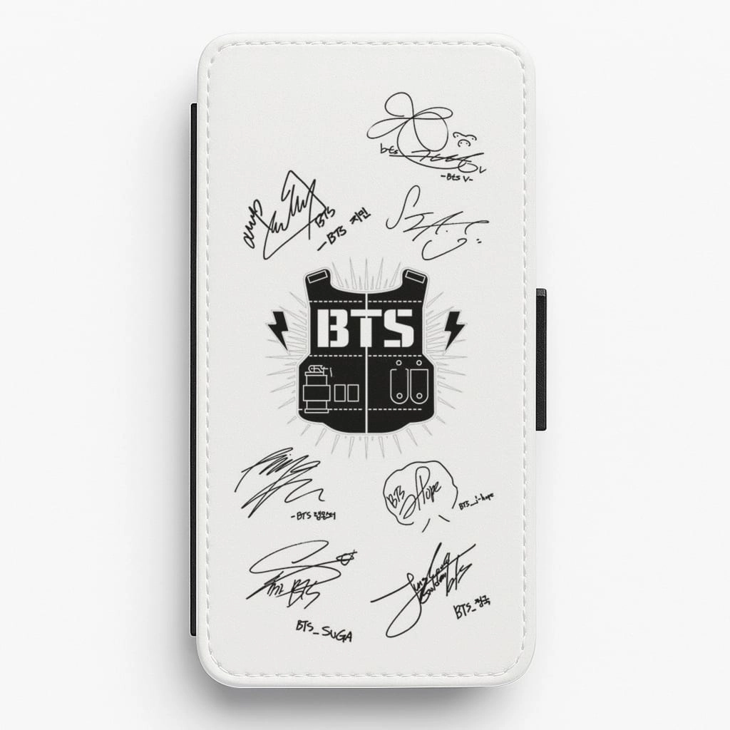 White K-Pop Band Army Logo and Signatures Flip Wallet Phone Case Everyday Function