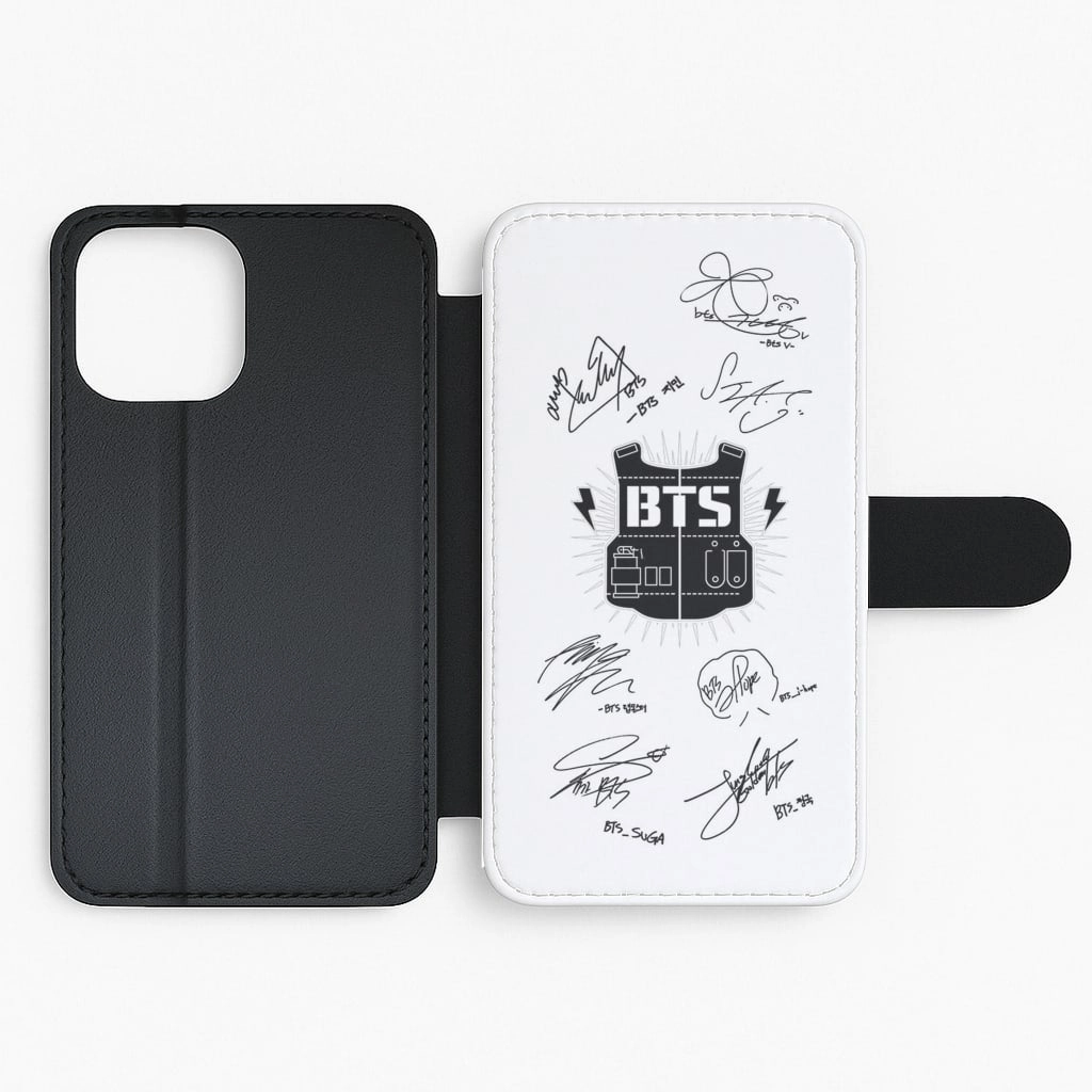 White K-Pop Band Army Logo and Signatures Flip Wallet Phone Case Unique Pattern
