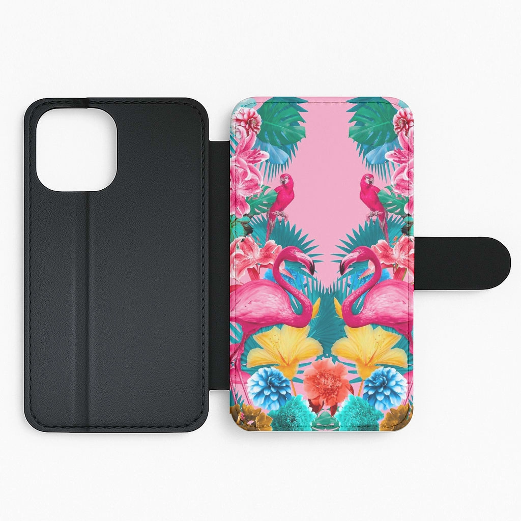 metal frame Soft Surface Flamingo and Tropical garden Flip Wallet Phone Case