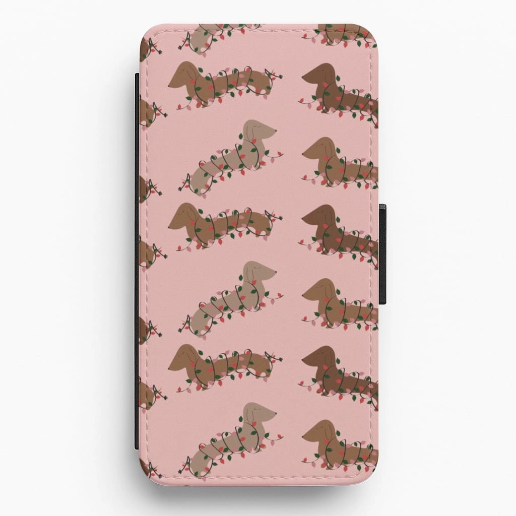 Dachshund Christmas Pattern Flip / Wallet Phone Case Heat dissipation Shock Absorber