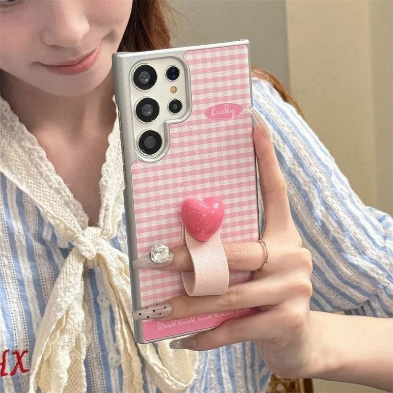 Casual Texture Smooth Lining Cute Plaid Heart Ring Case - Samsung