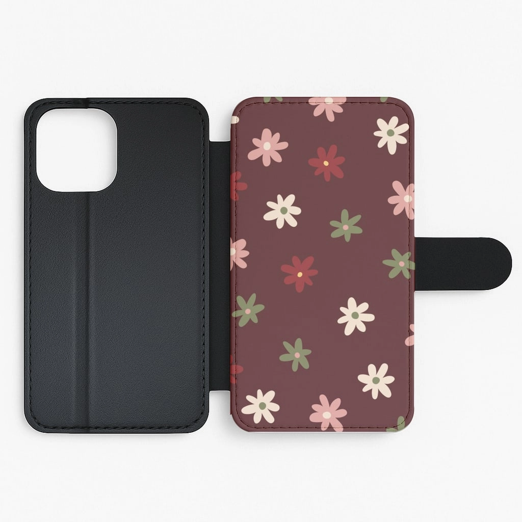 Dark Whimsical Flower Pattern Flip / Wallet Phone Case Protective Texture Layer Glossy surface