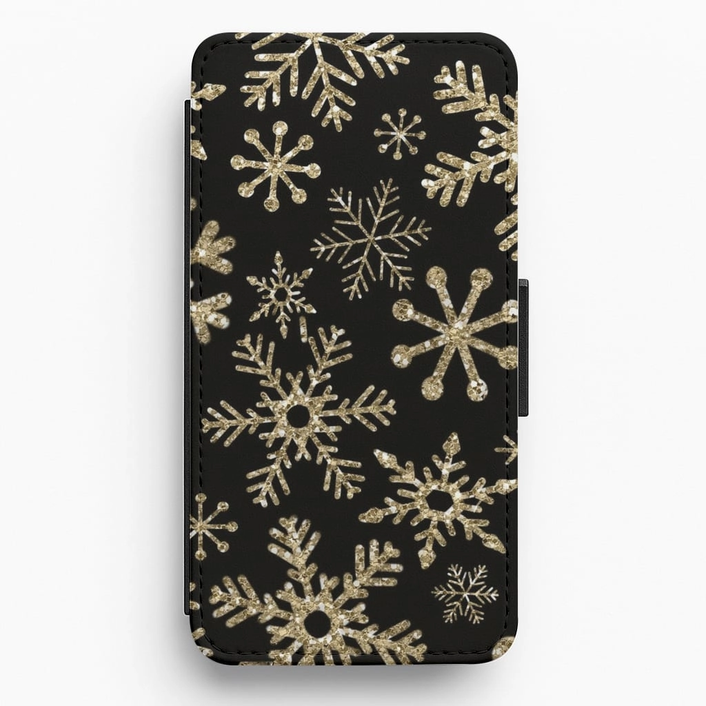 Gold Snowflake Pattern Flip Wallet Phone Case Button Cover Premium Texture Layer