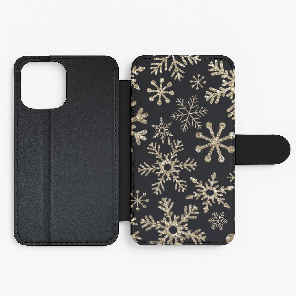 Elegant Build Texture Gold Snowflake Pattern Flip Wallet Phone Case