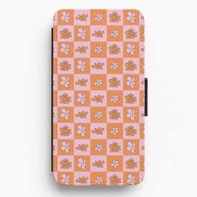 Orange And Pink Checked - Floral Patterns Flip / Wallet Phone Case Vivid Design Texture Hybrid Material