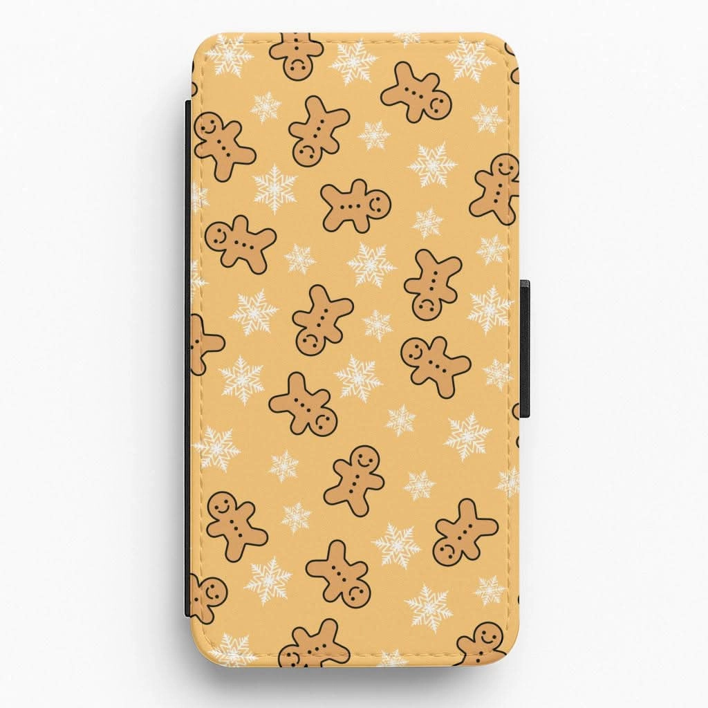 Modern Build Texture Flexible Edge Texture Cute Gingerbread And Snowflakes Pattern Flip / Wallet Phone Case