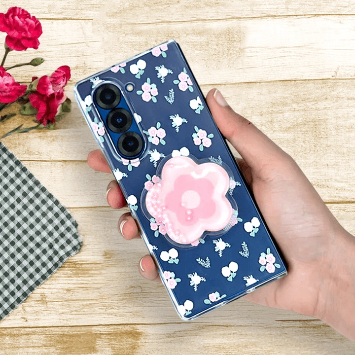 Galaxy Z Fold Series Cute Korean Floral Phone Gripper Case Rugged Frame Design