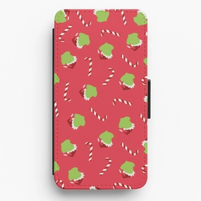 Rugged Build Texture Soft Layer Green Creature And Candy Canes Pattern Flip / Wallet Phone Case
