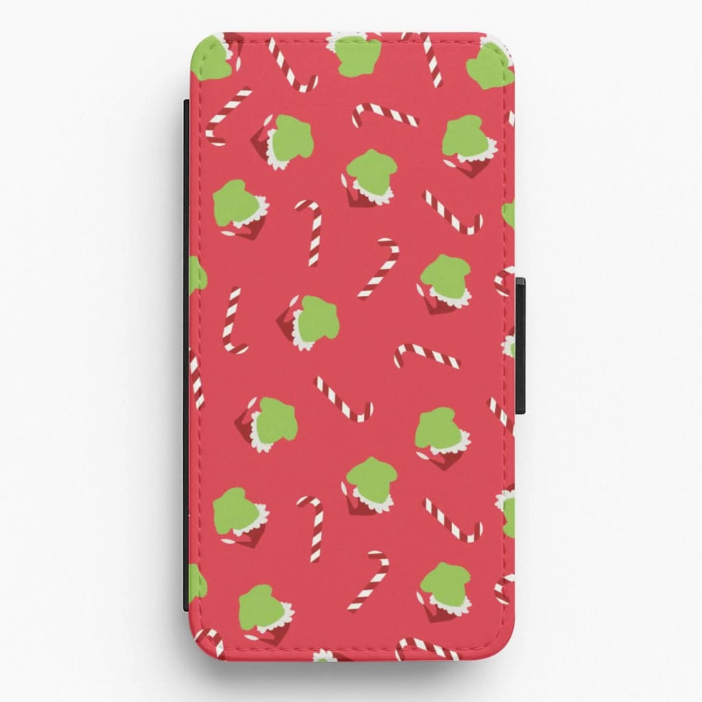 Rugged Build Texture Soft Layer Green Creature And Candy Canes Pattern Flip / Wallet Phone Case