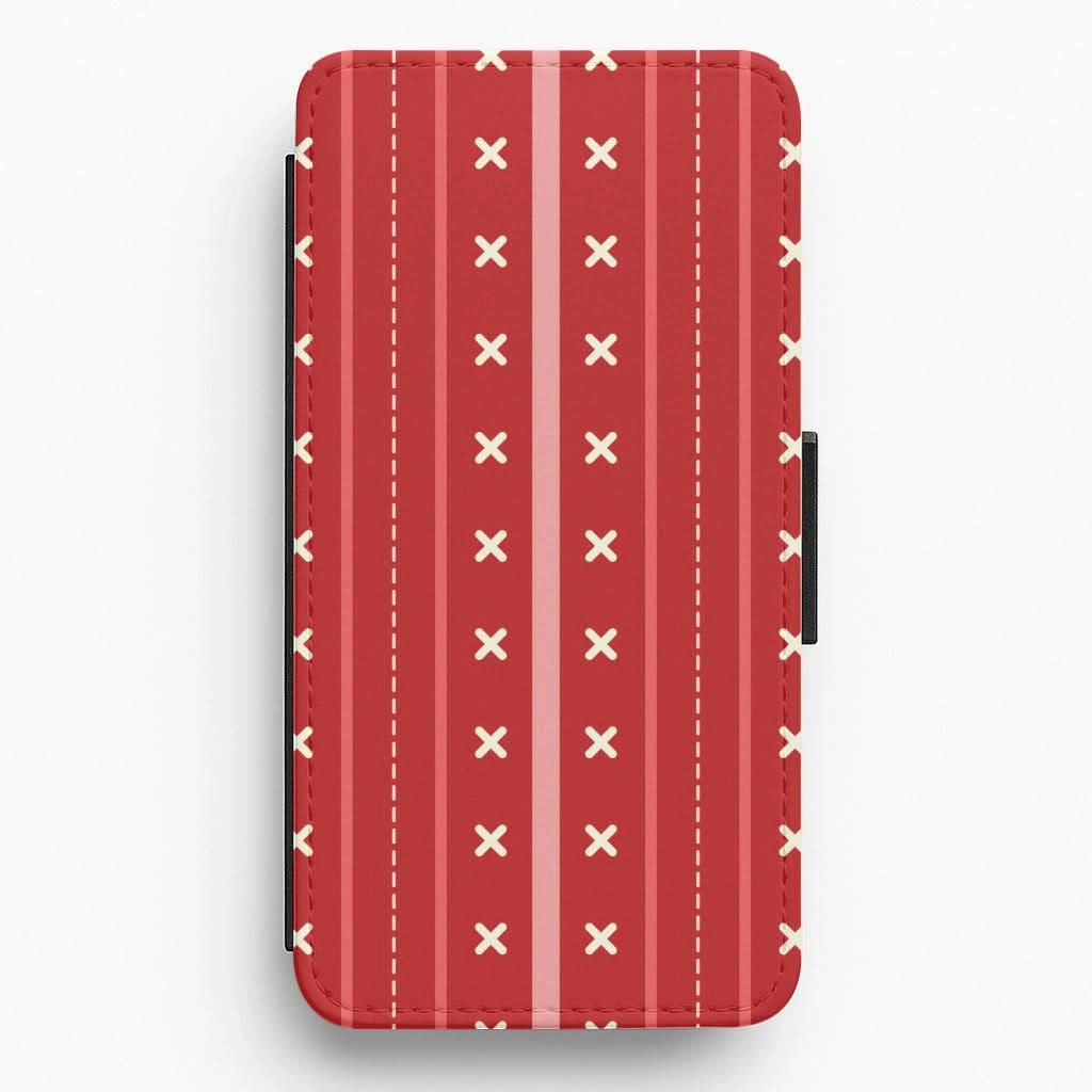 Stripes And Stitches Red Christmas Pattern Flip / Wallet Phone Case Matte Pattern Anti Slip