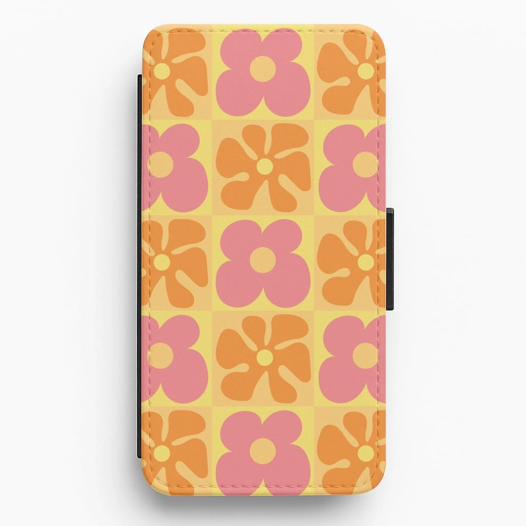 Shock Surface Summer Flowers Checkered Pattern Flip / Wallet Phone Case