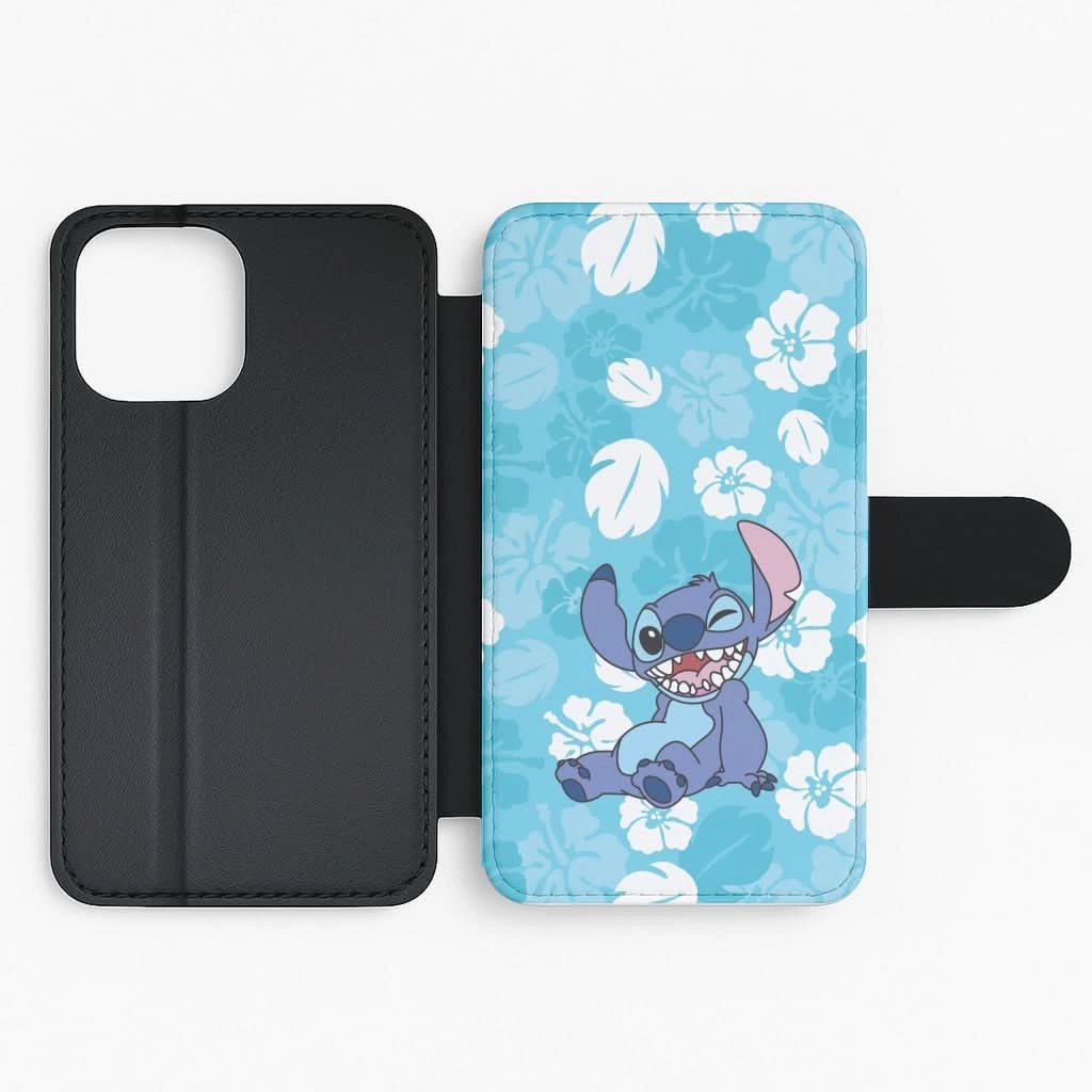 Soft Touching Cute Blue Alien Floral Pattern Flip / Wallet Phone Case