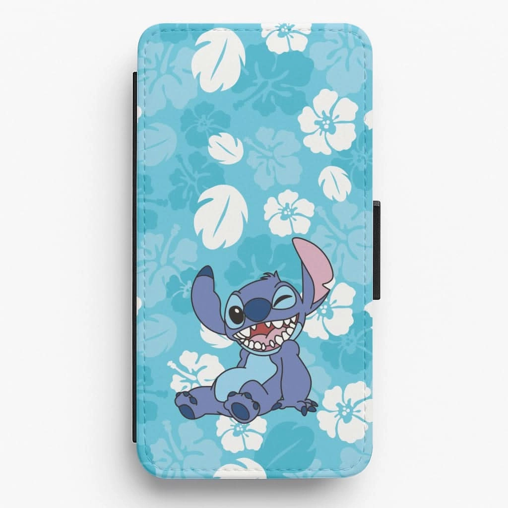 Port Protection Cute Blue Alien Floral Pattern Flip / Wallet Phone Case