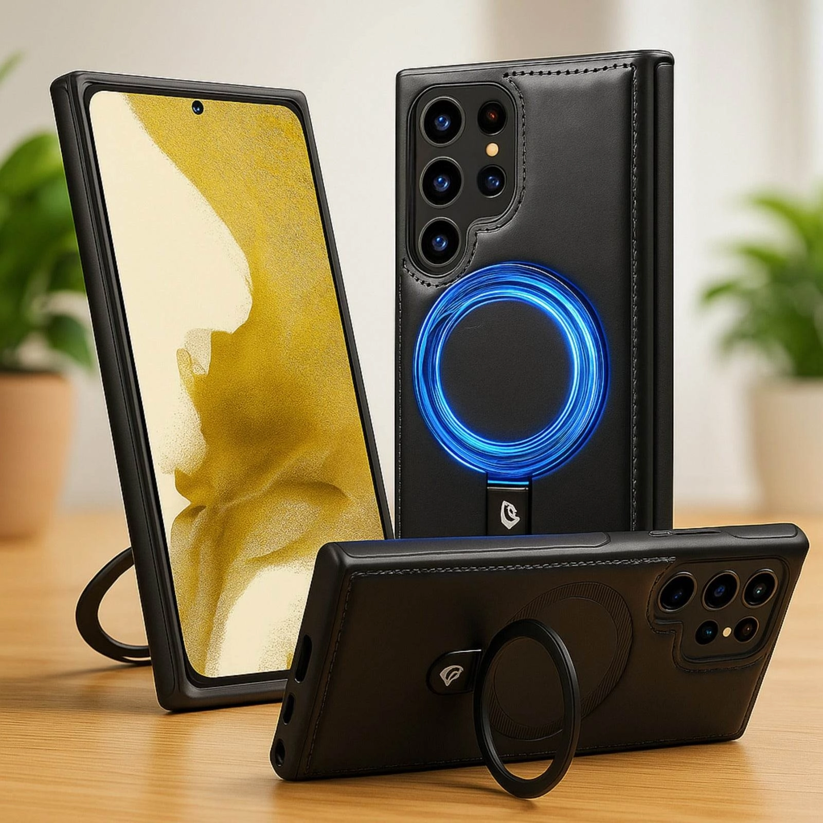 Luxe Leather Magnetic Ring Holder Case - Samsung Rugged Texture