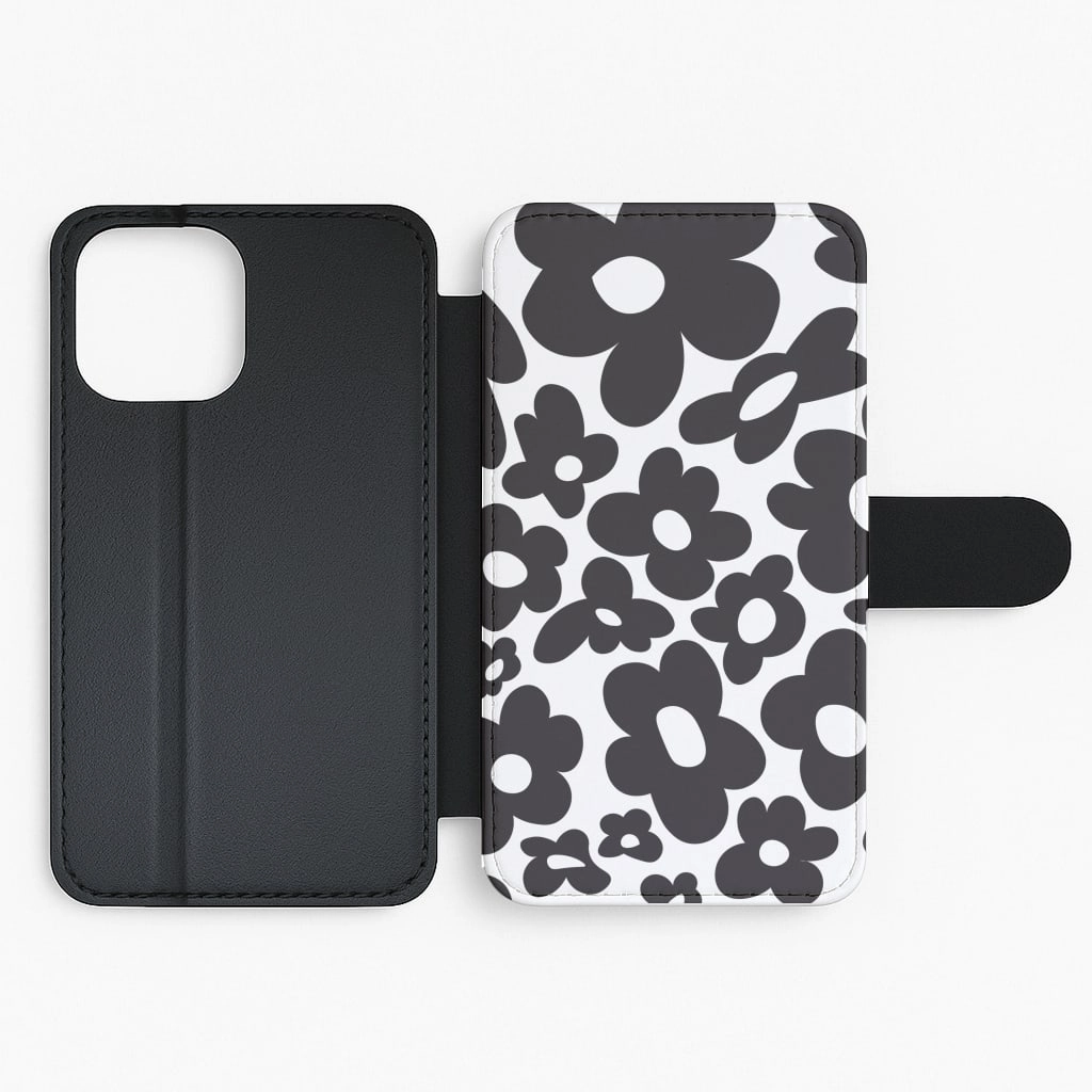 Polished Finish Wireless charging Black Flowers - Trippy Patterns Flip / Wallet Phone Case