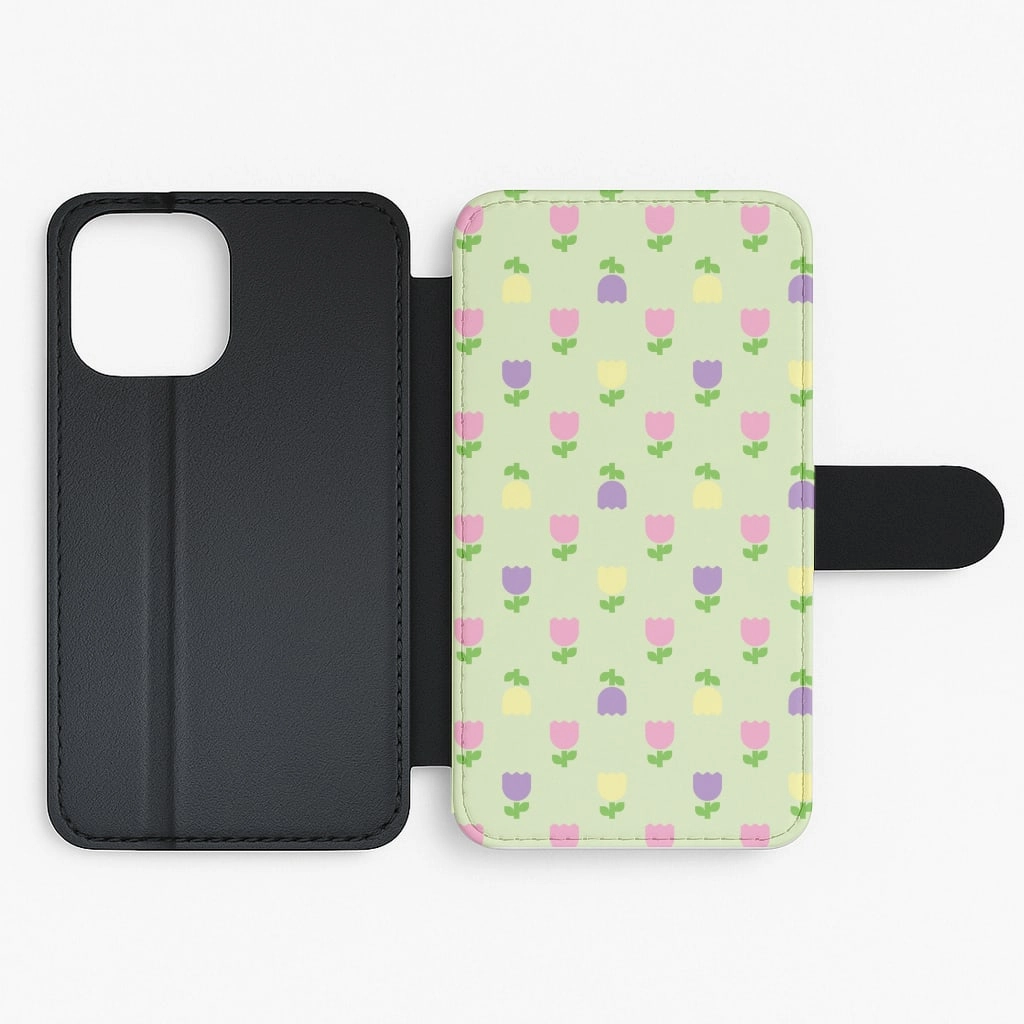 Refined Shield Matte Look Finish Pastel Tulips Pattern Flip / Wallet Phone Case