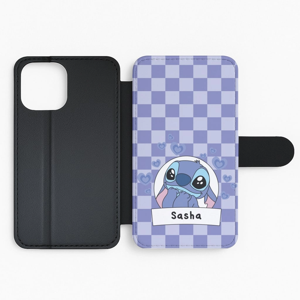 Personalised Cute Blue Alien Flip / Wallet Phone Case Wireless Charging Compatible