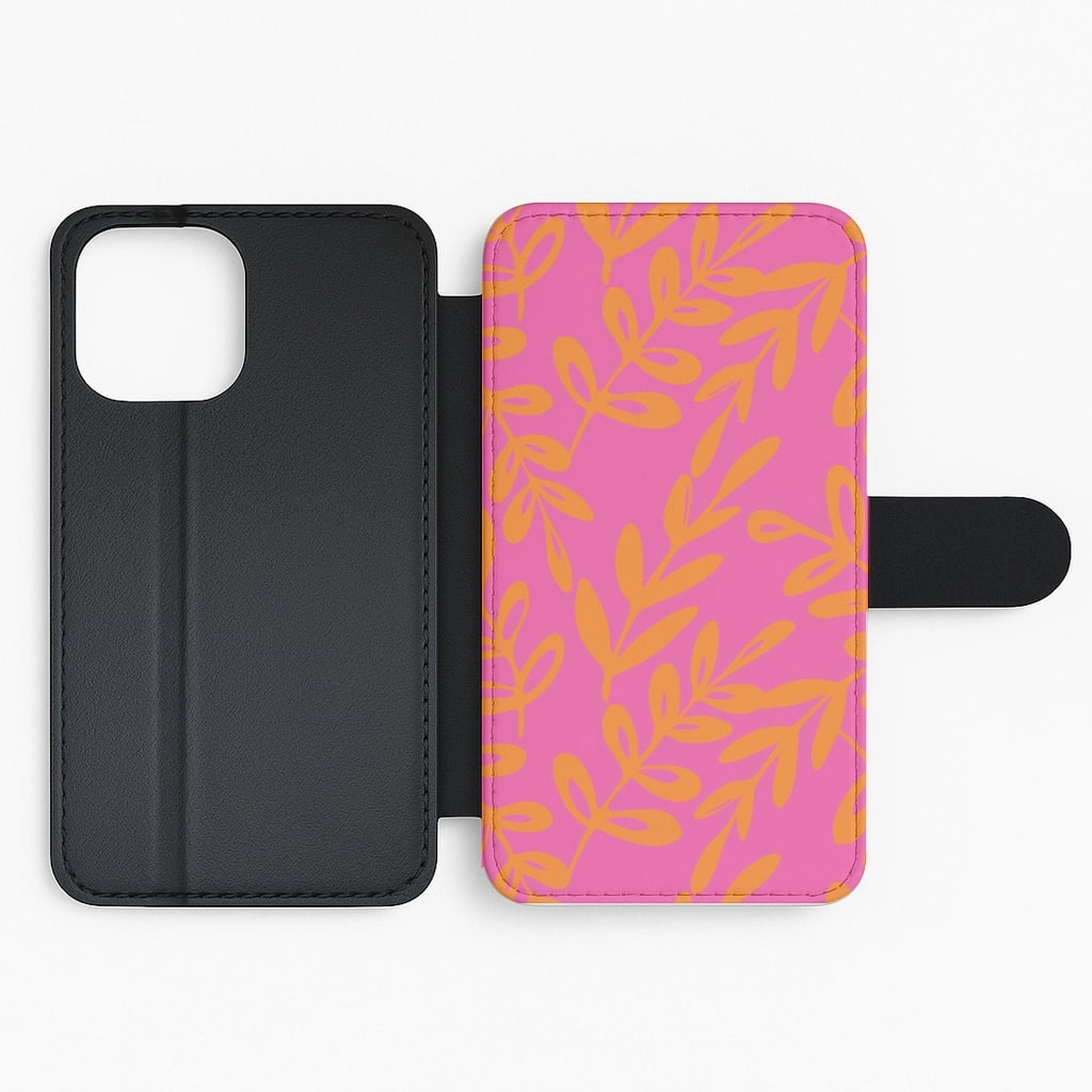 Slim Profile Pink & Orange Leaves - Foliage Flip / Wallet Phone Case