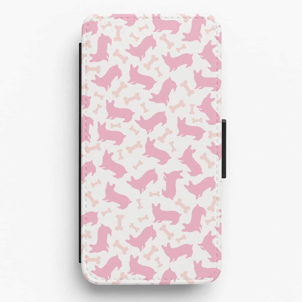 Frosted surface Shock Surface Layer Pink Corgi Silhouette Pattern Flip / Wallet Phone Case