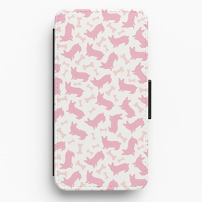 Frosted surface Shock Surface Layer Pink Corgi Silhouette Pattern Flip / Wallet Phone Case