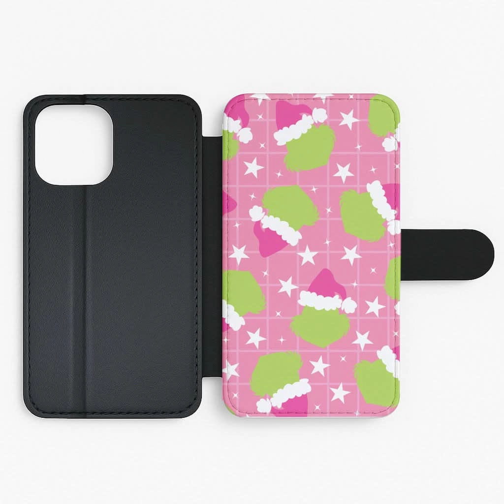 Premium Feel Layer Hybrid Build Texture Pink Green Creature Xmas Pattern Flip / Wallet Phone Case