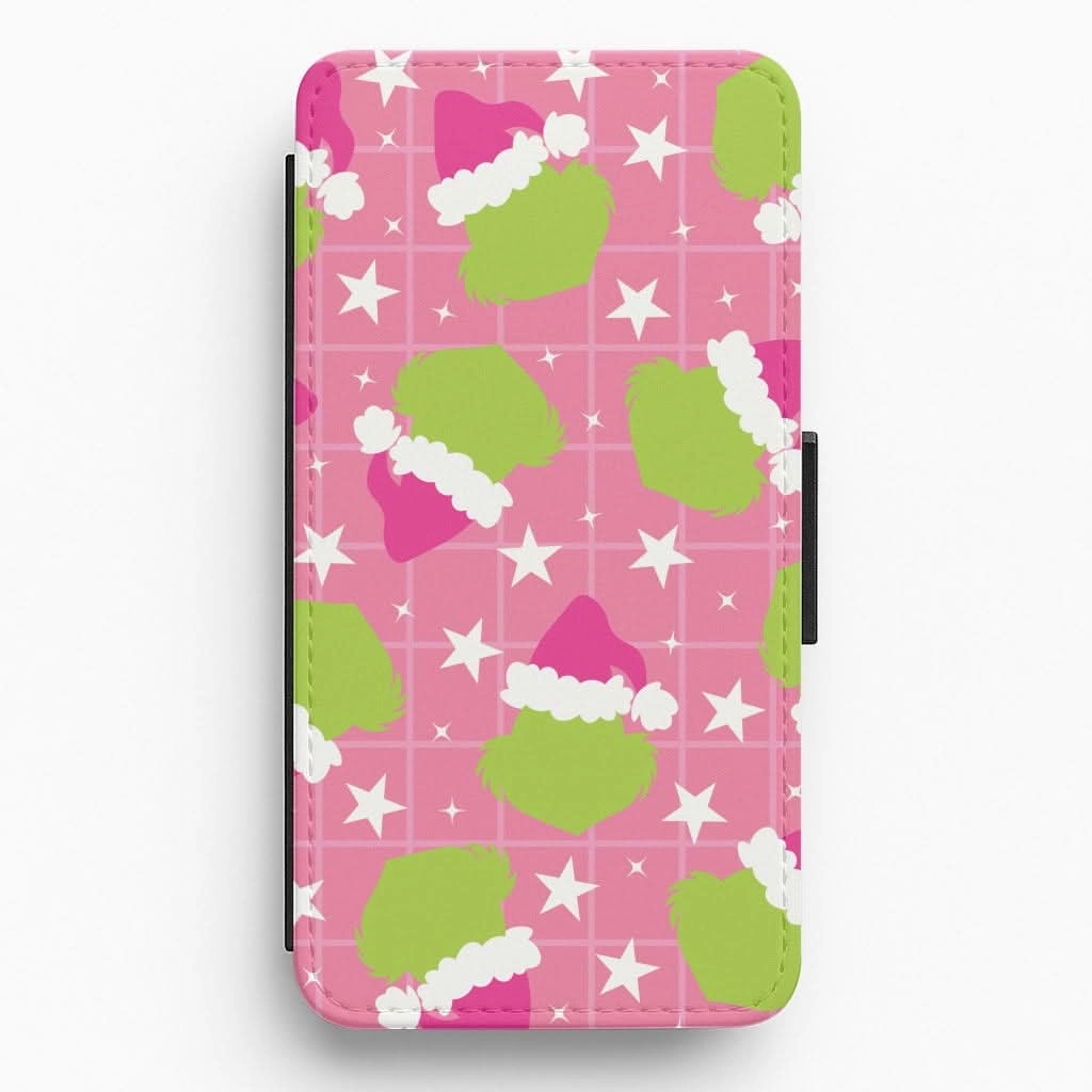 Pink Green Creature Xmas Pattern Flip / Wallet Phone Case Comfort Feel Smooth Grip Layer