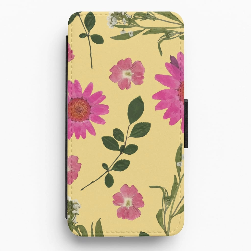 Durable Shell Pressed Plants Yellow Flip / Wallet Phone Case
