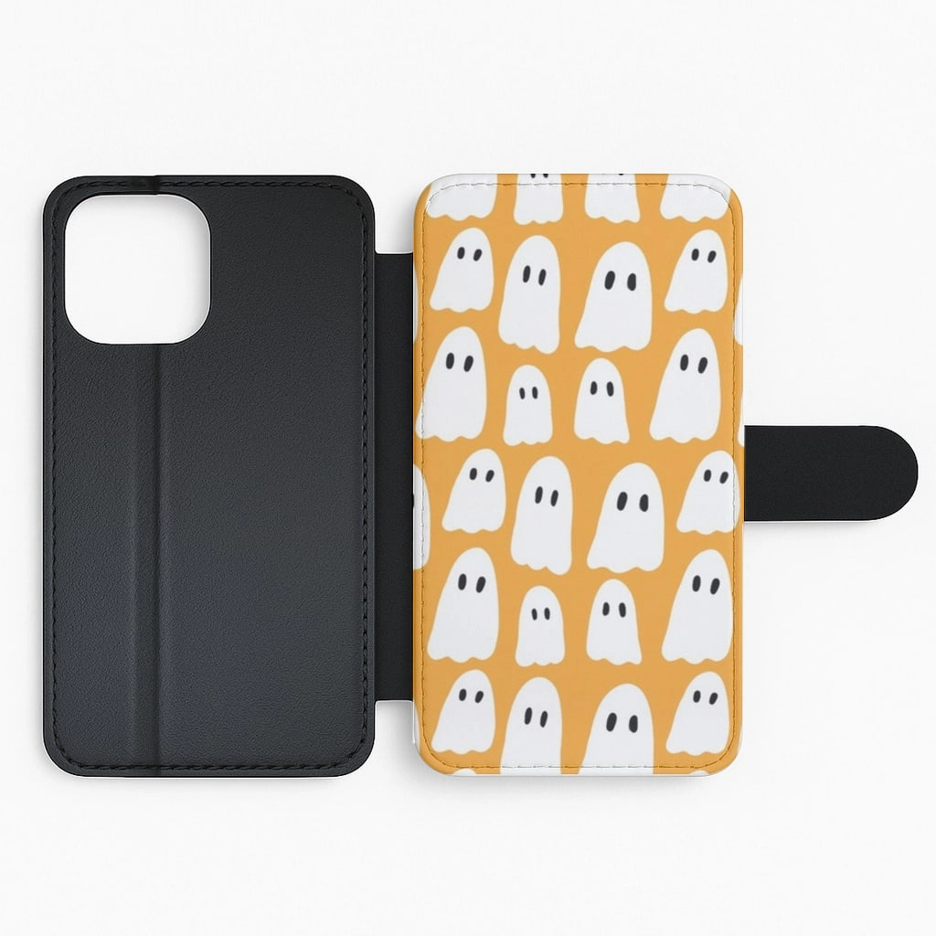 Orange Ghost Halloween Pattern Flip / Wallet Phone Case Everyday Function Flexible structure