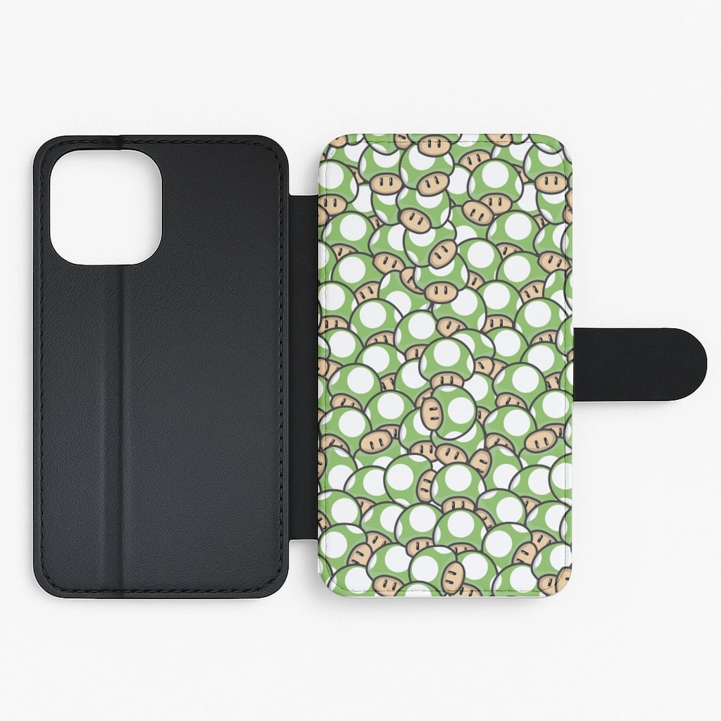 Easy Access Mushroom Pattern - Green Flip / Wallet Phone Case