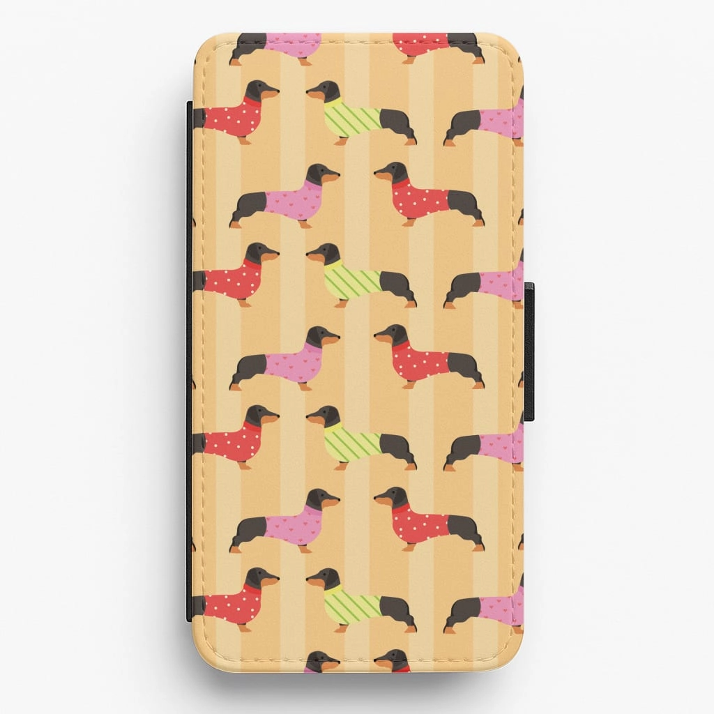 Dachshunds In Sweaters Pattern Flip / Wallet Phone Case Textured Detail