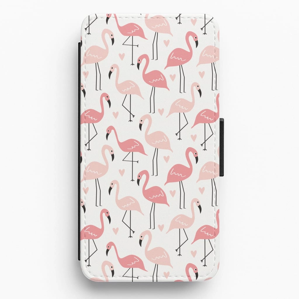 White & Pink Flamingo Pattern Flip / Wallet Phone Case Water Resistant