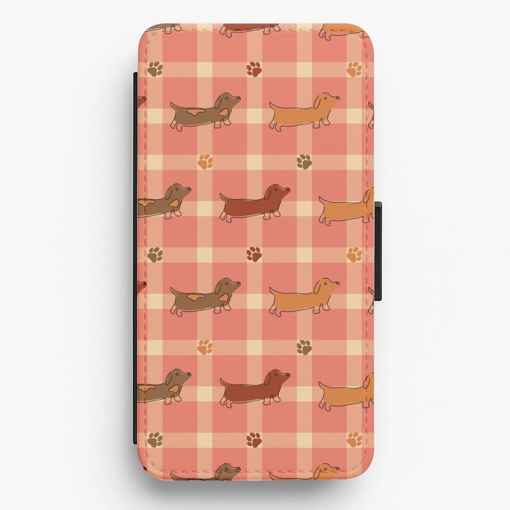 Hybrid Touch Tartan Dachshunds And Paws Pattern Flip / Wallet Phone Case