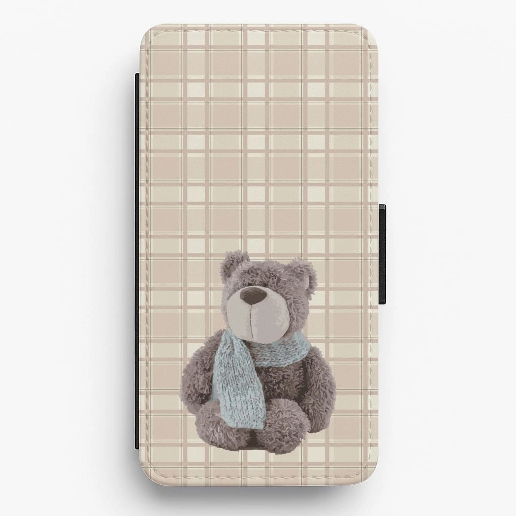 Gloss Finish Trendy Texture Finish Tartan Teddy Bear  Flip / Wallet Phone Case