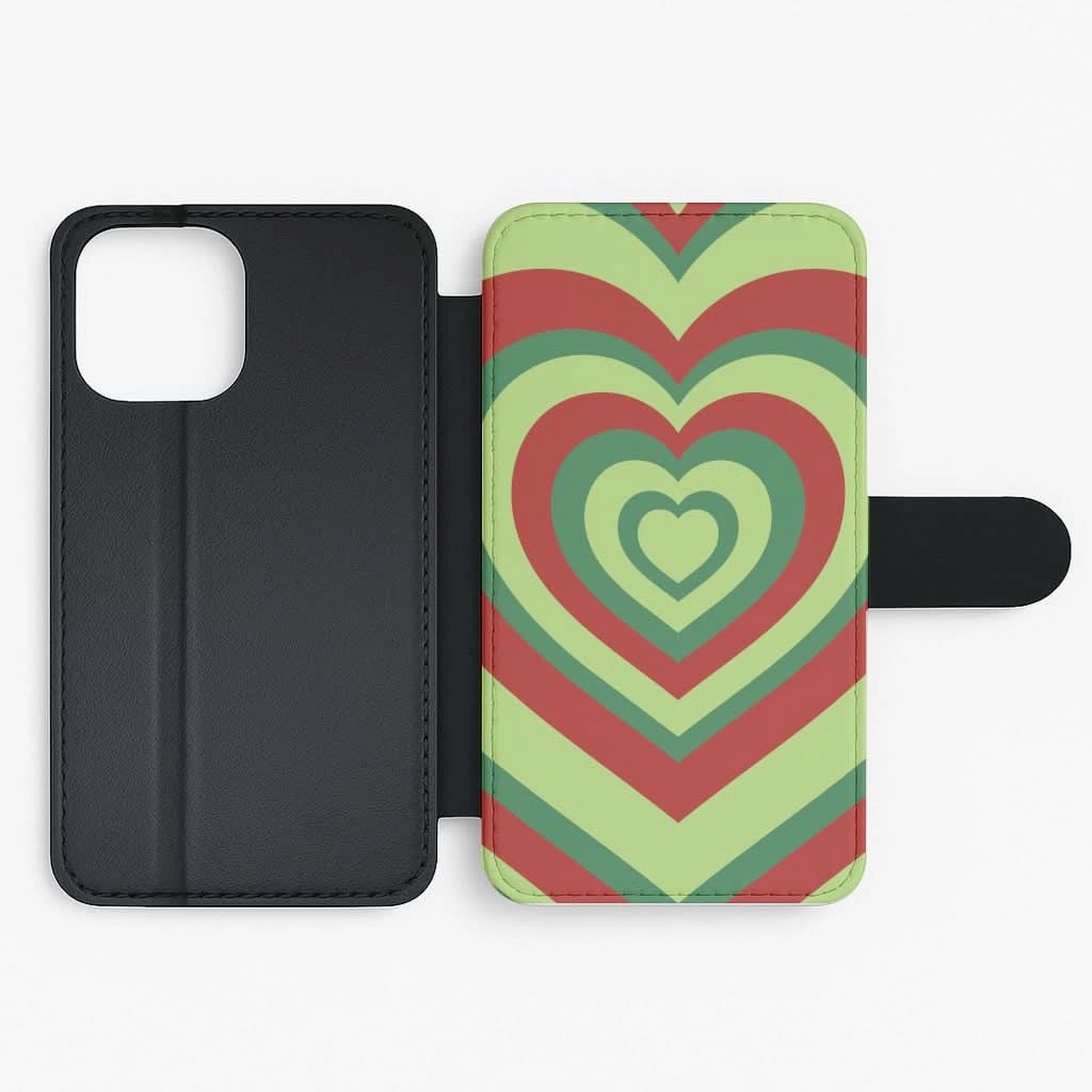 Matte Shield Layer Premium Surface Texture Red And Green Trippy Heart Christmas Pattern Flip / Wallet Phone Case