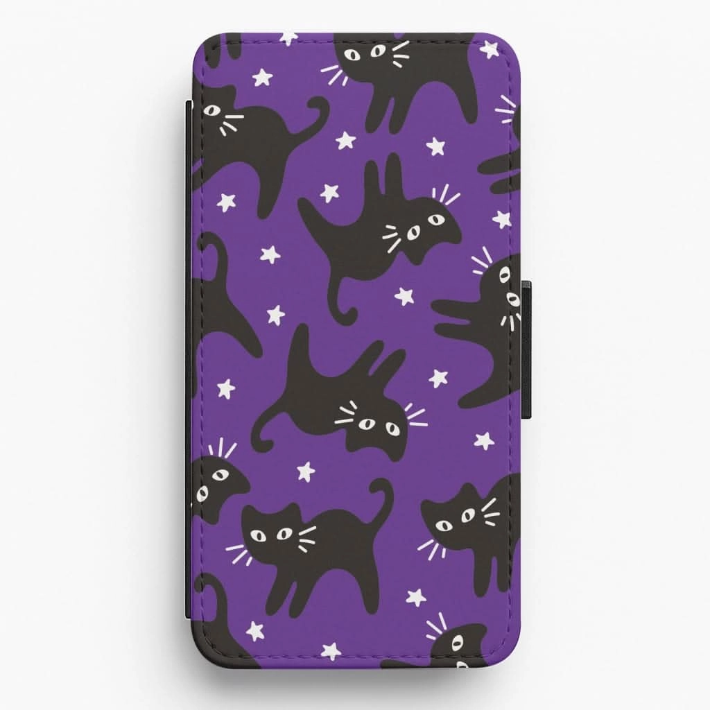 Cartoon Black Cats And Stars Pattern Flip / Wallet Phone Case Protective Detail Strong Frame