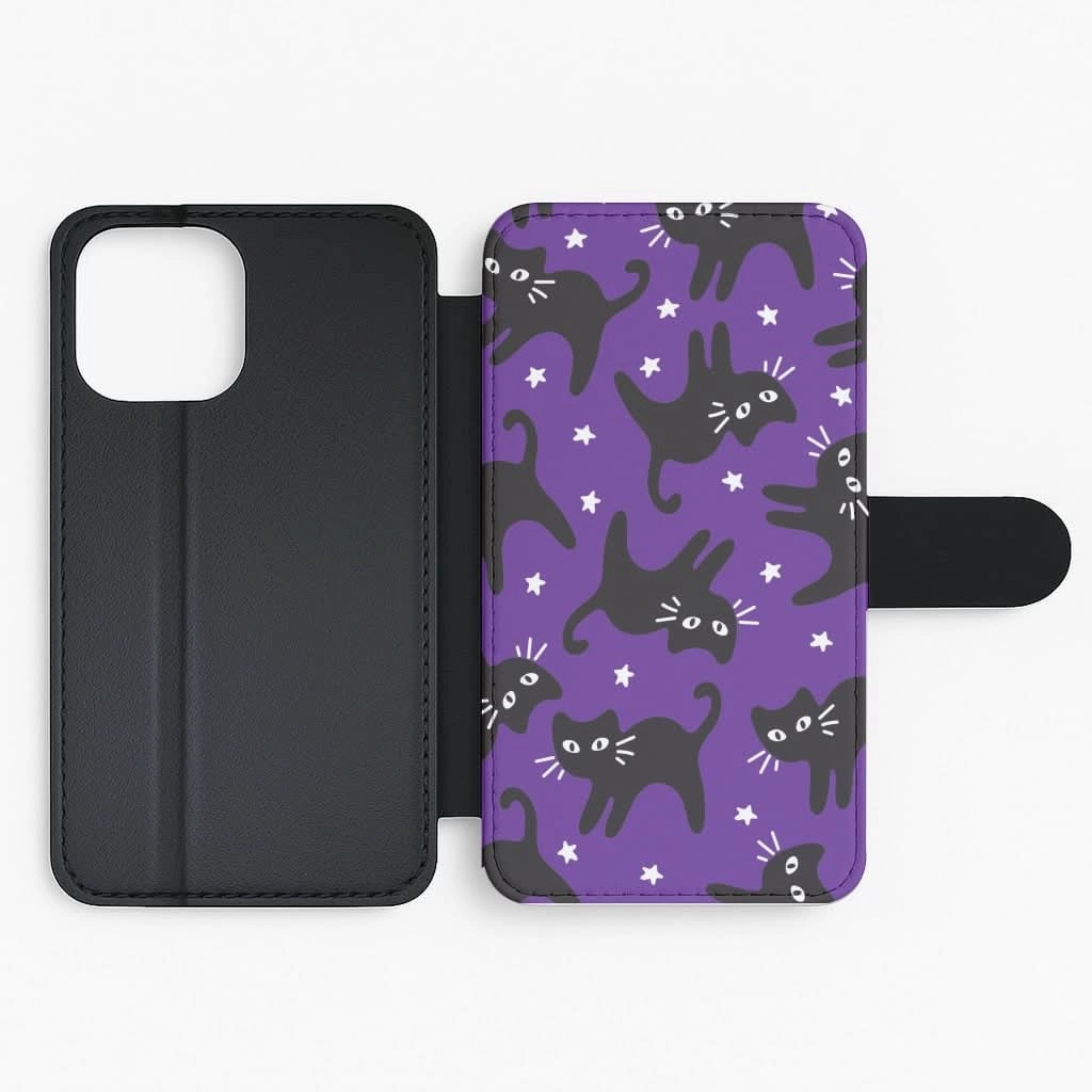 Rugged Finish Cartoon Black Cats And Stars Pattern Flip / Wallet Phone Case